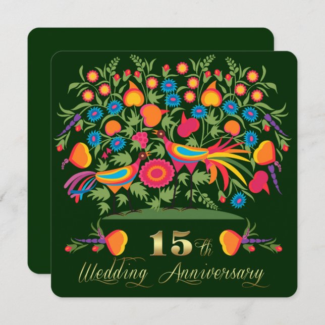 Folk Art 15th Wedding Anniversary Party  Invitation (Front/Back)