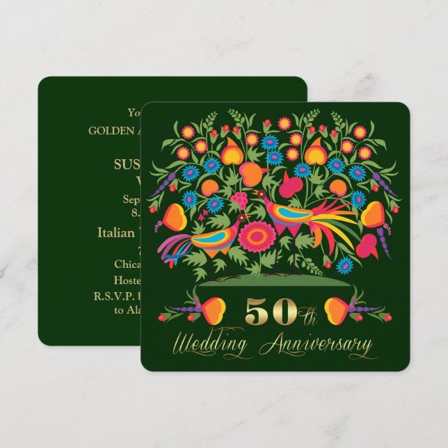 Folk Art 50th Golden Wedding Anniversary Party  Invitation (Front/Back)