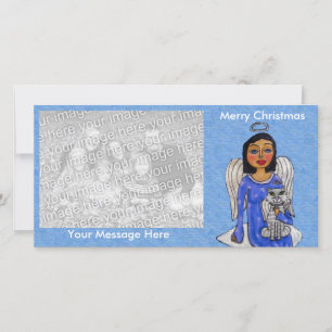 Folk Art Angel Blue Dress White Angel Cat Cloud Holiday Card