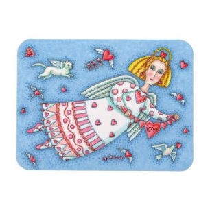 FOLK ART ANGEL, CAT AND FLYING HEARTS MAGNET