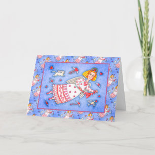 FOLK ART ANGEL, CAT AND FLYING HEARTS VALENTINE HOLIDAY CARD