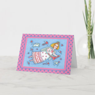 FOLK ART ANGEL, CAT AND FLYING HEARTS VALENTINE HOLIDAY CARD