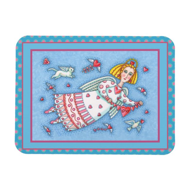 FOLK ART ANGEL, CAT AND FLYING HEARTS VALENTINE MAGNET (Horizontal)