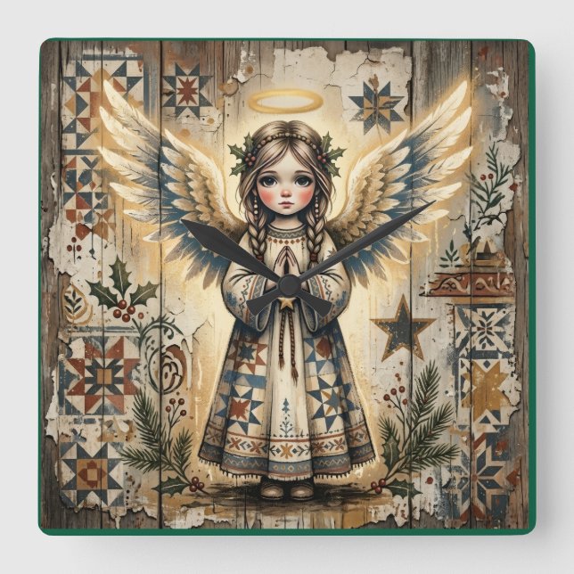 Folk Art Angel Christmas Wall Clock (Front)