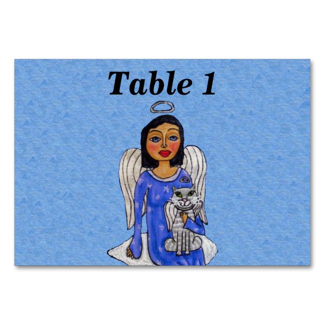 Folk Art Angel Holding White Angel Cat on Cloud Table Number (Front)