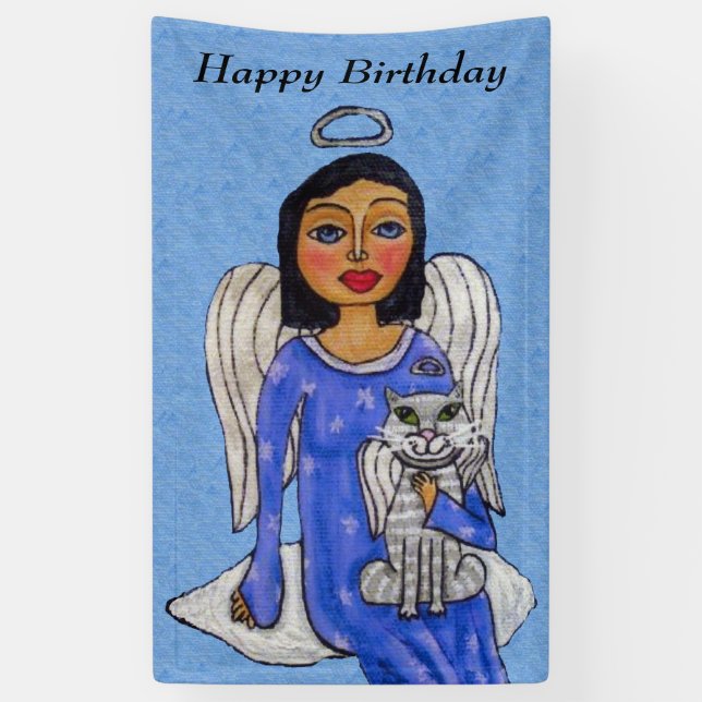 Folk Art Angel on Cloud White Angel Cat Blue Banner (Vertical)