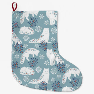 Folk Art Arctic Fox in the Snow with Holly Large Christmas Stocking