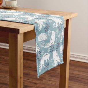 Folk Art Arctic Fox in the Snow with Holly Short Table Runner
