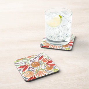 Folk Art Autumn Floral Watercolor Coaster Set