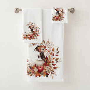 Folk Art Autumn Foliage with Faceless Women Bath Towel Set
