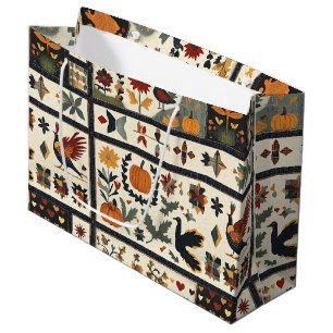 Folk Art Autumn Quilt Pattern Rustic Harvest Large Gift Bag