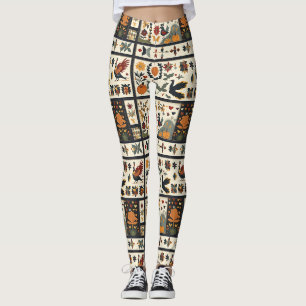 Folk Art Autumn Quilt Pattern Rustic Harvest Leggings