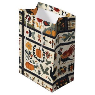 Folk Art Autumn Quilt Pattern Rustic Harvest Medium Gift Bag
