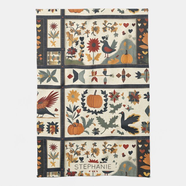Folk Art Autumn Quilt Pattern | Rustic Harvest Tea Towel (Vertical)