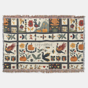 Folk Art Autumn Quilt Pattern Rustic Harvest Throw Blanket