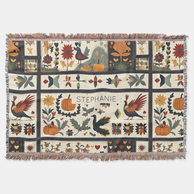 Folk Art Autumn Quilt Pattern | Rustic Harvest Throw Blanket (Front)