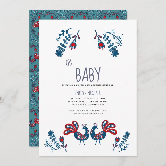 Folk Art Baby Shower Invitation Birds Scandinavian (Front/Back)
