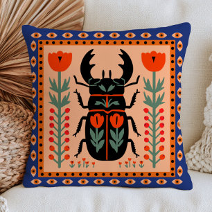 Folk Art Beetle Insect Illustration Floral Cushion