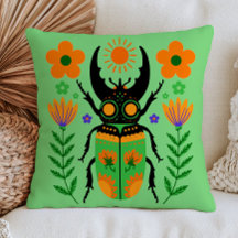 Folk Art Beetle Insect Illustration Green Floral 