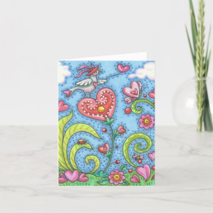 Folk Art Bird And Hearts Garden NOTE CARD Blank