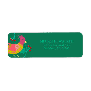 Folk Art Bird and Red Berries Holiday Return Address Label