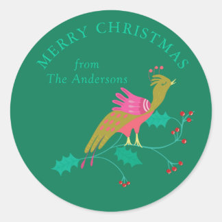 Folk Art Bird and Red Holly Berries Personalised Classic Round Sticker