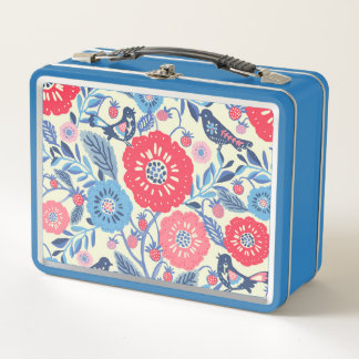 Folk Art Bird And Strawberry Design Metal Lunch Box