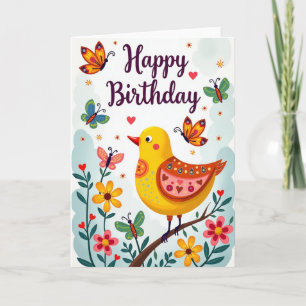 Folk Art Bird Birthday Card