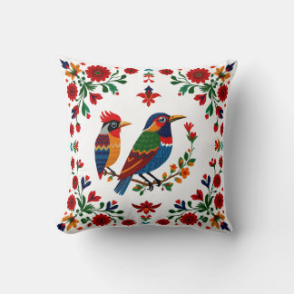 Folk Art Birds & Blooms – Symmetrical Natural Cushion