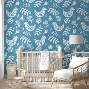 Folk Art Birds Blue White Wallpaper