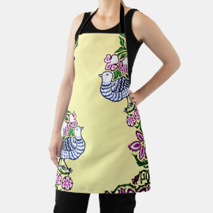 Folk Art Birds Flowers Acorns Apron