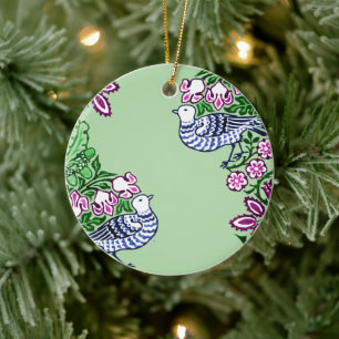 Folk Art Birds Flowers Acorns Ceramic Ornament