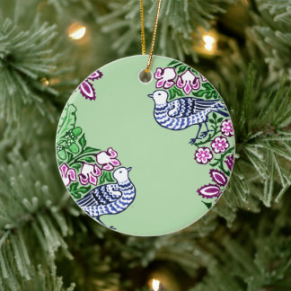 Folk Art Birds Flowers Acorns Ceramic Ornament