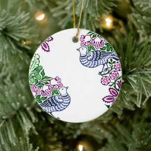 Folk Art Birds Flowers Acorns Ceramic Ornament