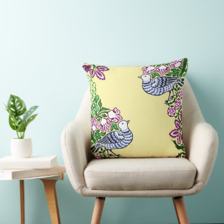 Folk Art Birds Flowers Acorns Cushion