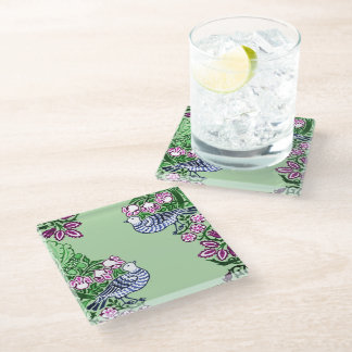 Folk Art Birds Flowers Acorns Glass Coaster