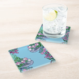 Folk Art Birds Flowers Acorns Glass Coaster