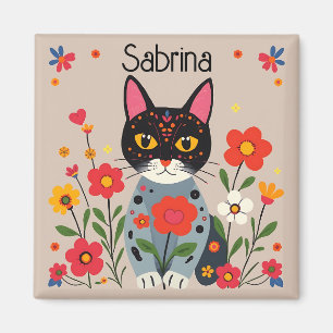 Folk Art Black Cat and Flowers Personalised Magnet