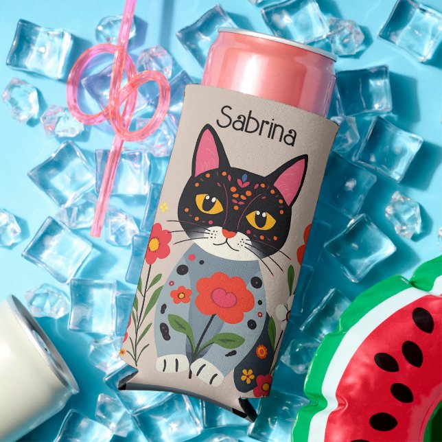 Folk Art Black Cat and Flowers Personalised Seltzer Can Cooler (In Situ Summer)