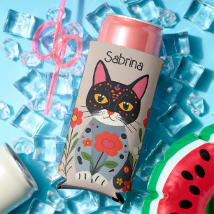 Folk Art Black Cat and Flowers Personalized Seltzer Can Cooler