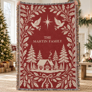 Folk Art Block Print Nordic Winter Cabin Holiday Throw Blanket