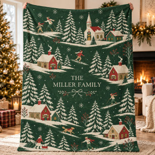Folk Art Block Print Winter Village Custom Family Fleece Blanket