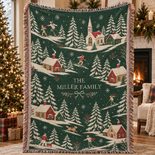 Folk Art Block Print Winter Village Custom Family Throw Blanket