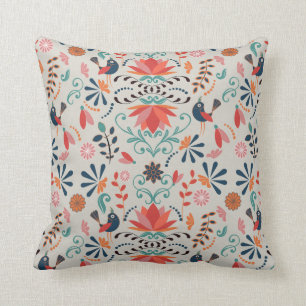 Folk art blue birds red floral pattern cushion