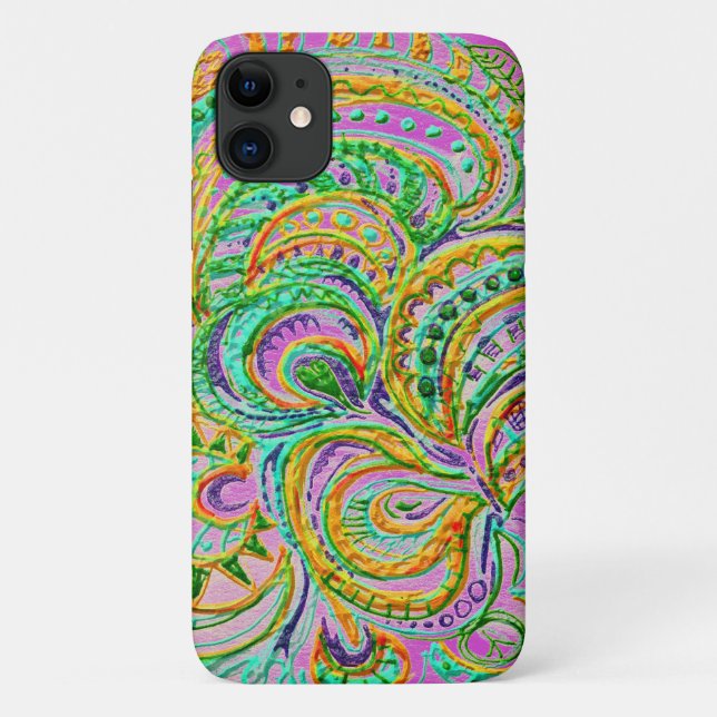 Folk Art Boho Fantasy Green Yellow Pink Pattern Case-Mate iPhone Case (Back)