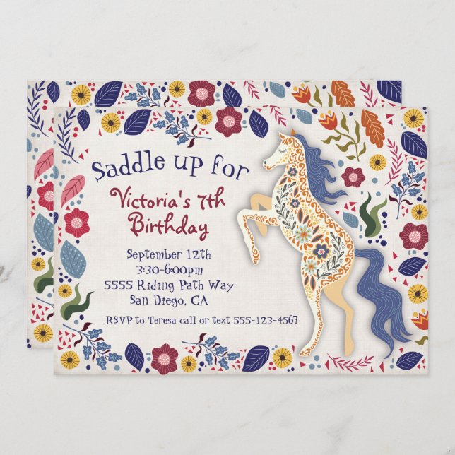 Folk art Boho Horse Birthday Party invitation (Front/Back)