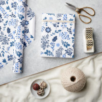 Folk Art Botanical Floral Print Indigo Blue White