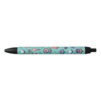 Folk Art Botanical Seamless Pattern Blue Ink Pen