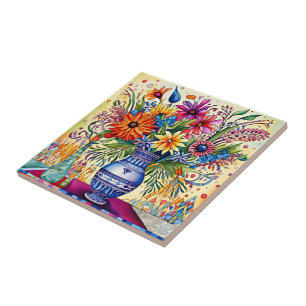 Folk Art Bouquet Ceramic Tile