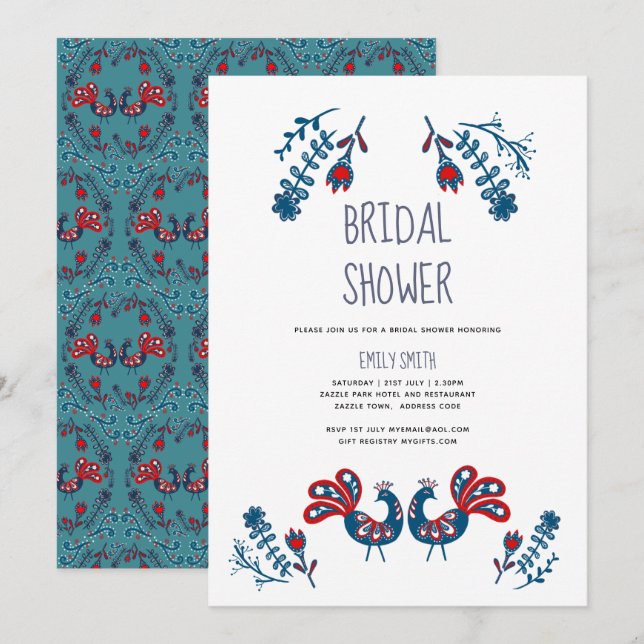 Folk Art Bridal Shower Invites Scandinavian Birds (Front/Back)